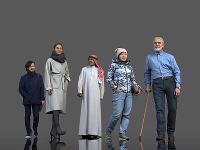 Diverse Group of People Standing in Row With Various Clothing Styles Against Gray Background 3d model