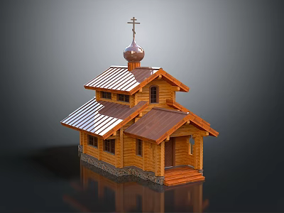 Wooden Church Building With Metal Roof Cross Dome And Stone Base Steps 3d model