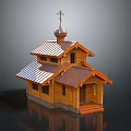 Wooden Church Building With Metal Roof Cross Dome And Stone Base Steps