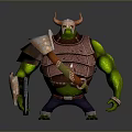 Detailed Green Skinned Horned Armored Fantasy Character Holding Battle Axe