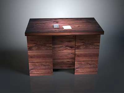 Wooden Desk With Smooth Desktop And Small Items On Top Surface 3d model