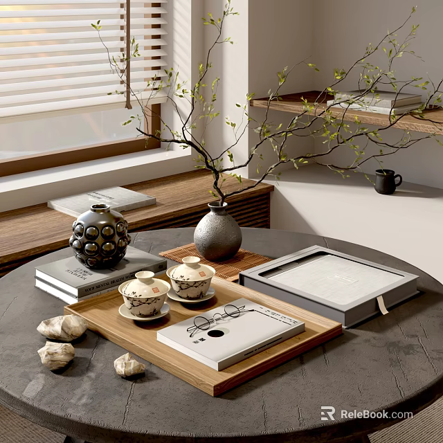 Decorative Ornament Set with Vase Branch Tea Cups Jar Books Tray Shells on Round Table 3d model 