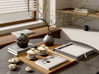 Decorative Ornament Set with Vase Branch Tea Cups Jar Books Tray Shells on Round Table 3d model