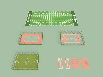 Sports Field Models Showcasing Football Tennis Basketball Courts And Running Track 3d model