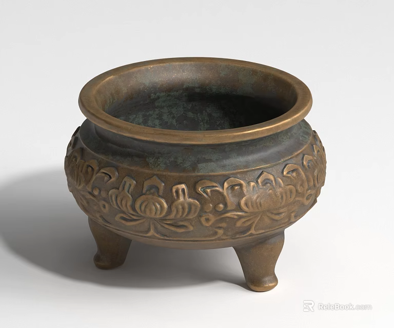 Traditional Bronze Landscape Sculpture With Intricate Floral Carvings And Three Legs 3d model 