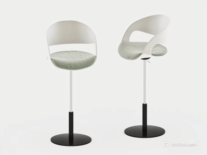 Two Modern Bar Stools With Curved Backrest Padded Light Seats Black Base And White Stem 3d model
