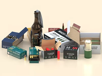 Different Types of Ammunition With Bullet Cartridges And Ammo Boxes 3d model