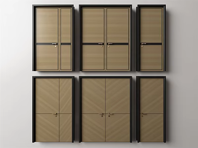 Brown Swing Doors With Black Frames Wood Grain And Various Designs 3d model