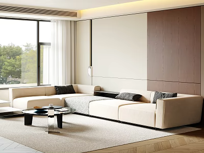 Modern Living Room Interior With Beige L Shaped Sofa Dark Cushions And Large Window View 3d model