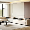 Modern Living Room Interior With Beige L Shaped Sofa Dark Cushions And Large Window View