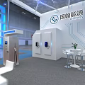 Modern Exhibition Booth In Blue And White With Digital Screens And Reception Counter For Visitors