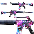 Colorful Cyberpunk Themed Firearms With Female Avatar Design On Wooden Floor