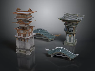 Traditional Chinese Architectural Models With Tower Pavilion And Curved Roof Bridges 3d model