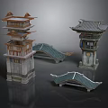 Traditional Chinese Architectural Models With Tower Pavilion And Curved Roof Bridges