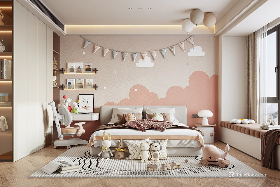Kids Bedroom With Pink White Cloud Wall Decor Bed Stuffed Toys Balloons And Rug 3d model 
