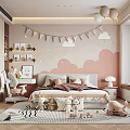 Kids Bedroom With Pink White Cloud Wall Decor Bed Stuffed Toys Balloons And Rug
