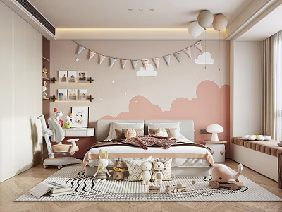 Kids Bedroom With Pink White Cloud Wall Decor Bed Stuffed Toys Balloons And Rug 3d model