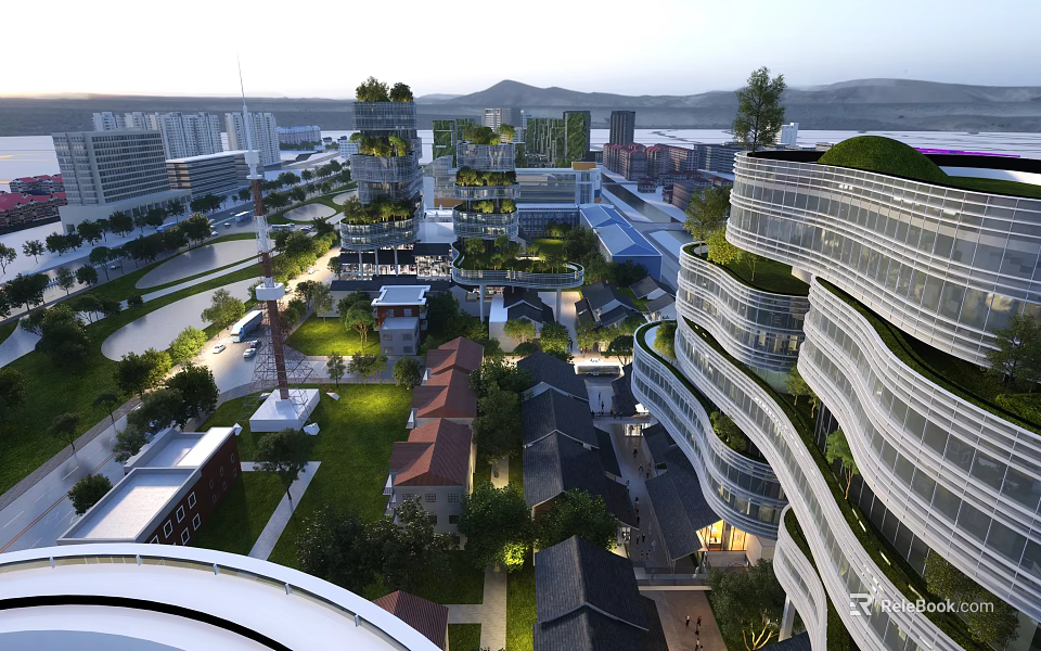 Bird's Eye View Urban Planning With Modern Buildings Green Rooftops Traditional Architecture And Open Spaces 3d model 