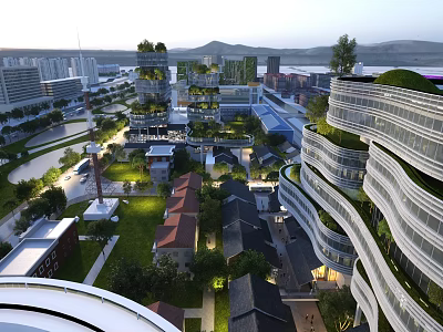 Bird's Eye View Urban Planning With Modern Buildings Green Rooftops Traditional Architecture And Open Spaces 3d model