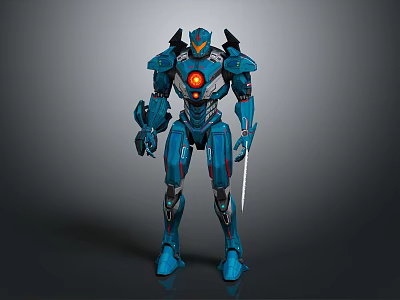 Blue Mech Robot Character With Glowing Red Core And Sword 3d model