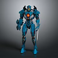 Blue Mech Robot Character With Glowing Red Core And Sword 3d model