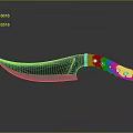 Curved Blade Knife With Blue Black Handle And Decorative Patterns On Dark Surface