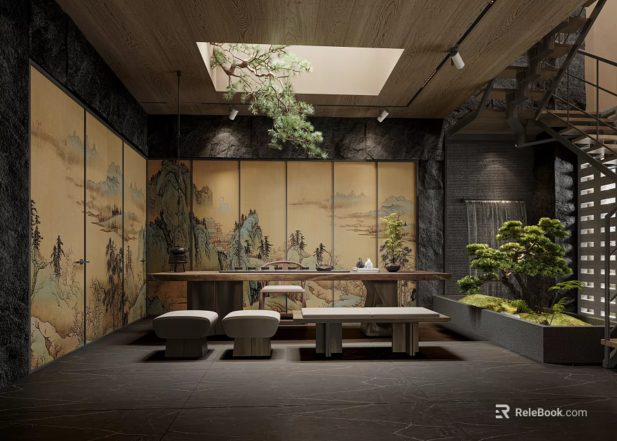 Traditional Asian Interior With Wooden Ceiling Skylight Landscape Panels Tea Table And Potted Trees 3d model 