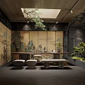 Traditional Asian Interior With Wooden Ceiling Skylight Landscape Panels Tea Table And Potted Trees