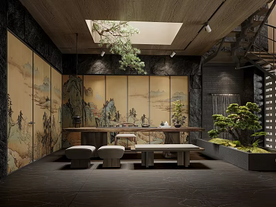 Traditional Asian Interior With Wooden Ceiling Skylight Landscape Panels Tea Table And Potted Trees 3d model