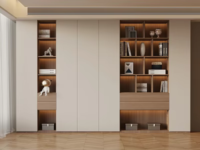 Modern Luxury Living Room Bookcase Storage Cabinet With Decorations And White Cabinetry On Wooden Floor 3d model