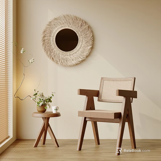 Leisure Chair Featuring Wooden Frame Woven Backrest with Woven Mirror Side Table and Green Plants 3d model 