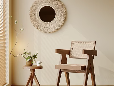 Leisure Chair Featuring Wooden Frame Woven Backrest with Woven Mirror Side Table and Green Plants 3d model