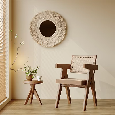 Leisure Chair Featuring Wooden Frame Woven Backrest with Woven Mirror Side Table and Green Plants 3d model