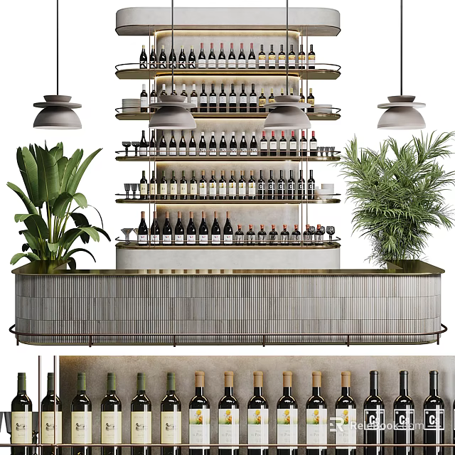 Elegant Bar Counter Design With Multiple Wine Bottle Shelves Hanging Lights And Green Plants 3d model 