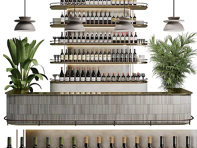 Elegant Bar Counter Design With Multiple Wine Bottle Shelves Hanging Lights And Green Plants 3d model