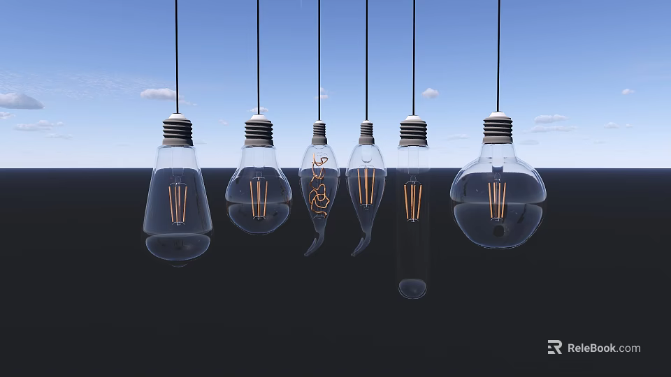 Hanging Transparent Light Bulbs With Mini Garden Ornaments Against Blue Sky And Water Surface 3d model 