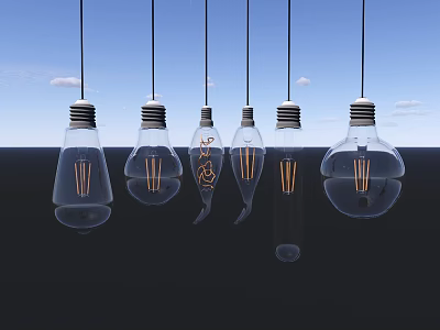 Hanging Transparent Light Bulbs With Mini Garden Ornaments Against Blue Sky And Water Surface 3d model