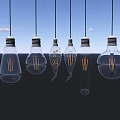 Hanging Transparent Light Bulbs With Mini Garden Ornaments Against Blue Sky And Water Surface