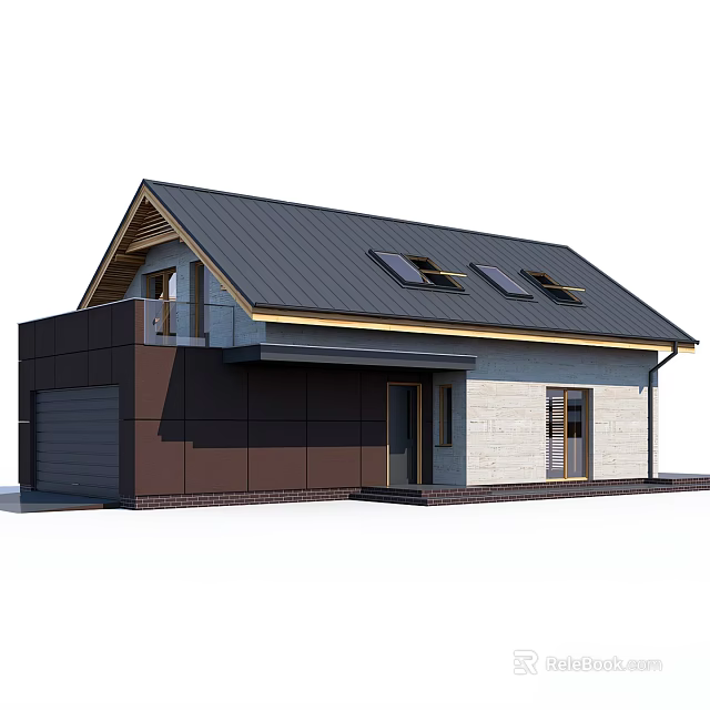Modern House Exterior with Black Roof Skylights Dark Panels Light Stone Walls and Attached Garage 3d model 
