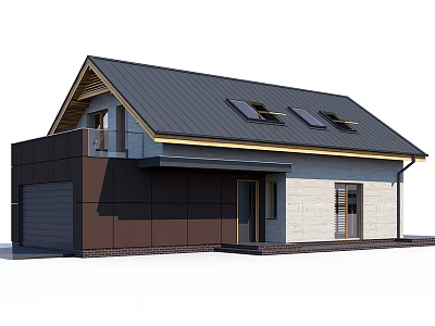 Modern House Exterior with Black Roof Skylights Dark Panels Light Stone Walls and Attached Garage 3d model
