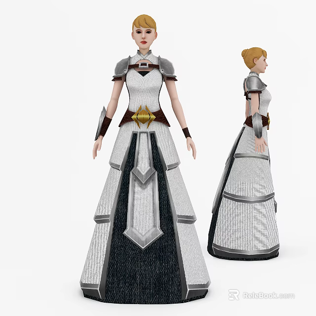 Game Movie Female Character In White Grey Armored Dress With Golden Decorations 3d model 