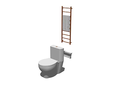 Modern White Toilet With Wooden Towel Rack Hanging Towel And Toilet Paper Holder 3d model