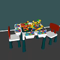 Kids Play Table with Building Blocks and Orange Back Chairs Blue Legs
