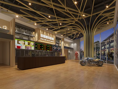 Spacious Hotel Lobby With Geometric Ceiling Design Wooden Flooring Reception Desk And Vintage Motorcycle 3d model