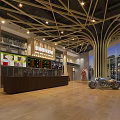 Spacious Hotel Lobby With Geometric Ceiling Design Wooden Flooring Reception Desk And Vintage Motorcycle
