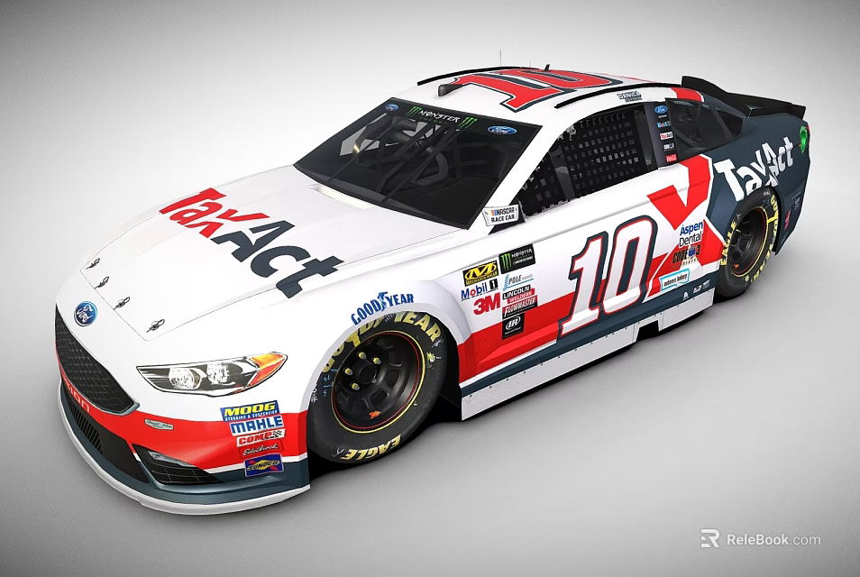 White Red NASCAR Race Car Featuring TakAct Logo Number 10 And Ford Brand 3d model 