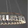 Modern Elegant Chandelier With Golden Frame And Transparent Glass Elements Suspended By Multiple Lines
