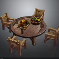 Outdoor Wooden Round Table With Four Chairs Fruit Basket And Wine Glasses