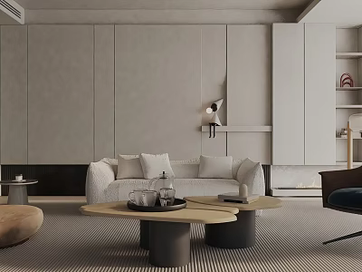 Modern Minimalist Neutral Tone Living Room With Soft Fabric Sofa And Irregular Wooden Coffee Tables 3d model