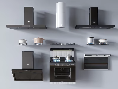 Modern Kitchen Cookware Collection With Range Hoods Stove Oven And Pots 3d model